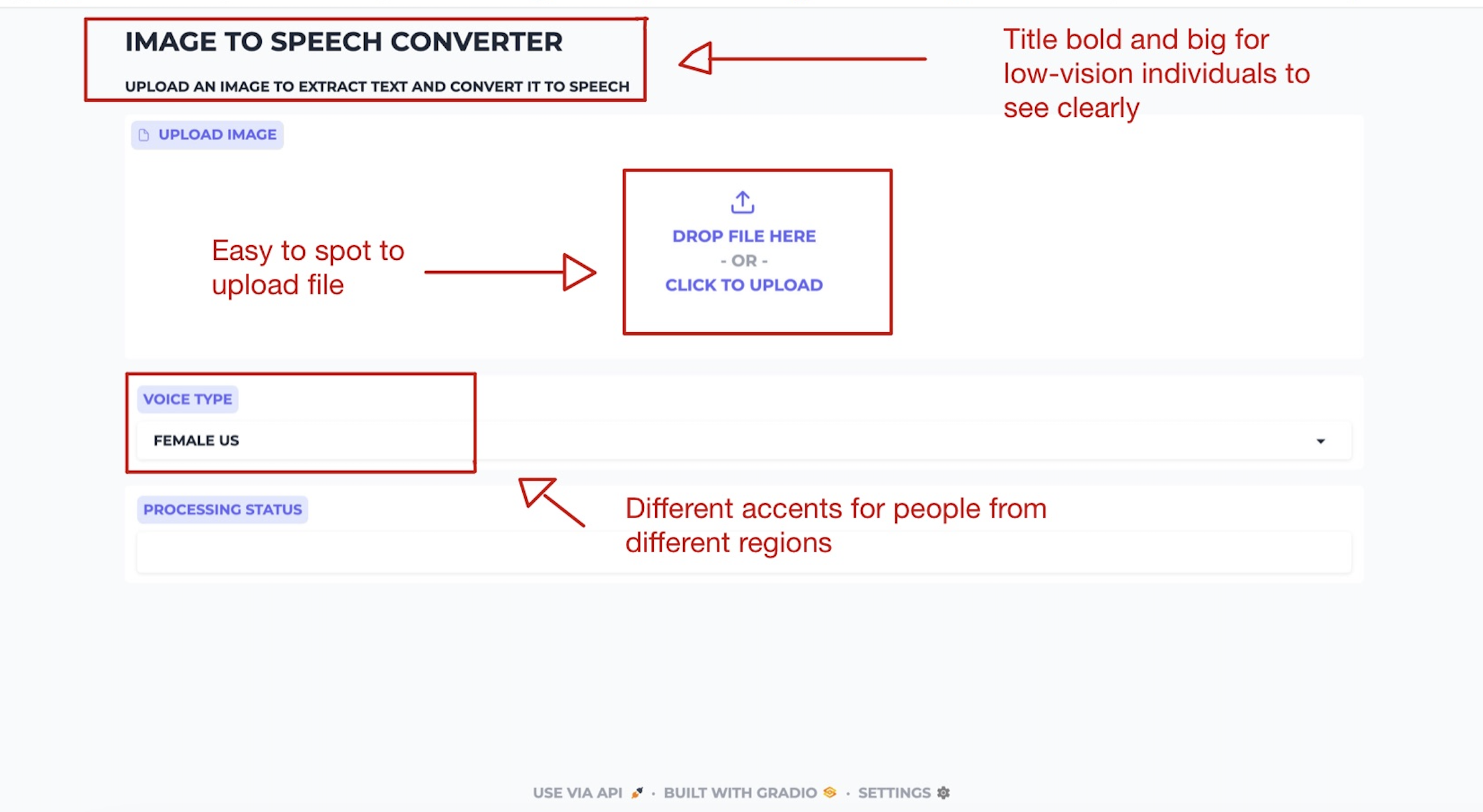 Annotated screenshot showing file upload, voice type, and processing status