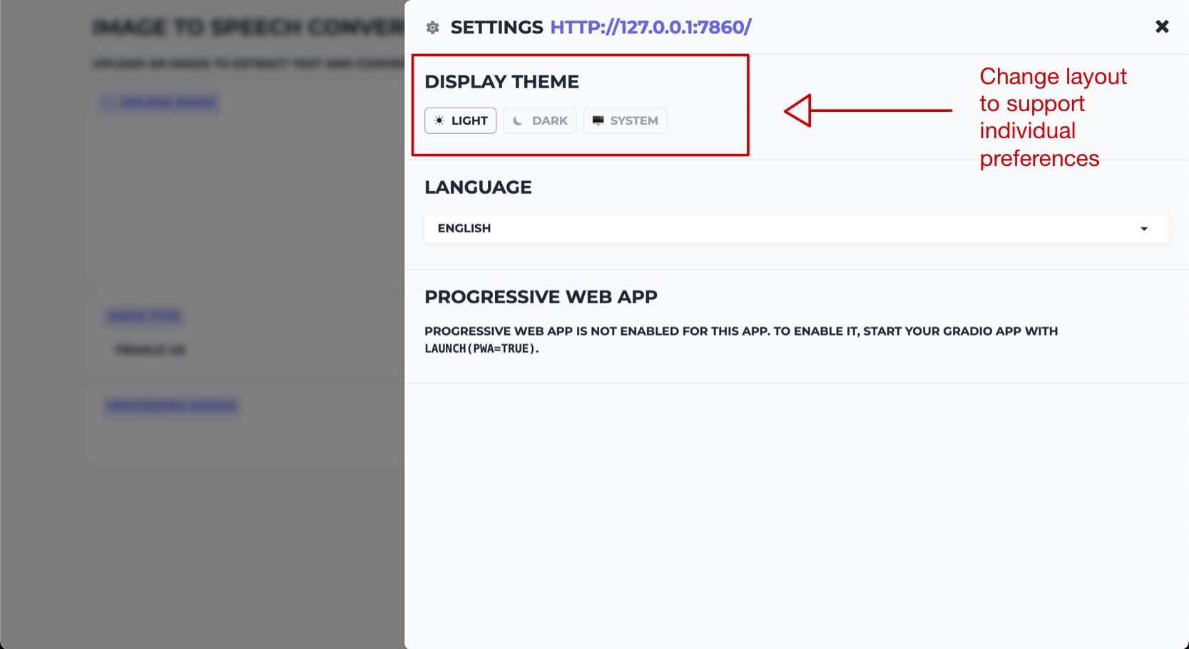Annotated screenshot showing display theme selection options