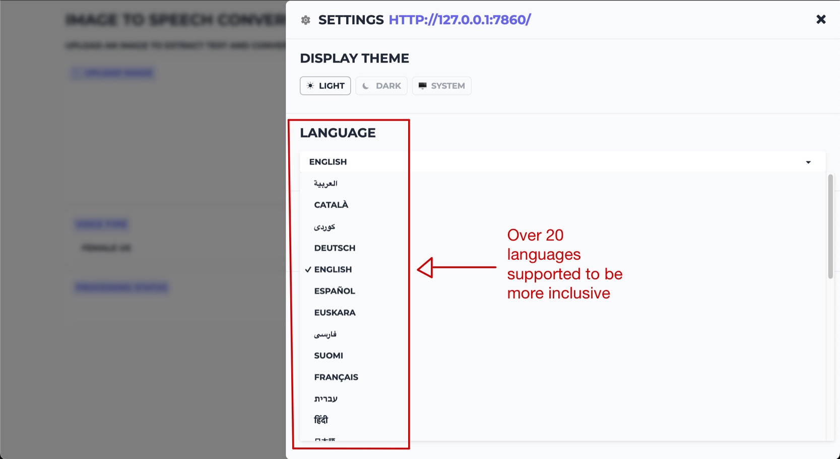 Annotated screenshot showing support for 20+ languages